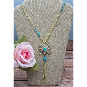 Gold Tone Multi Chain Long Pendant Necklace Tassel Accent Rhinestones 32"